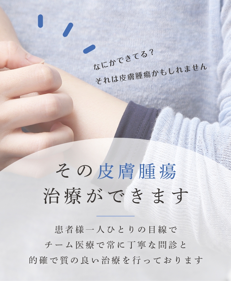 なにかできてる?それは皮膚腫瘍かもしれません その皮膚腫瘍治療ができます 患者様一人ひとりの目線でチーム医療で常に丁寧な問診と的確で質の良い治療を行っております